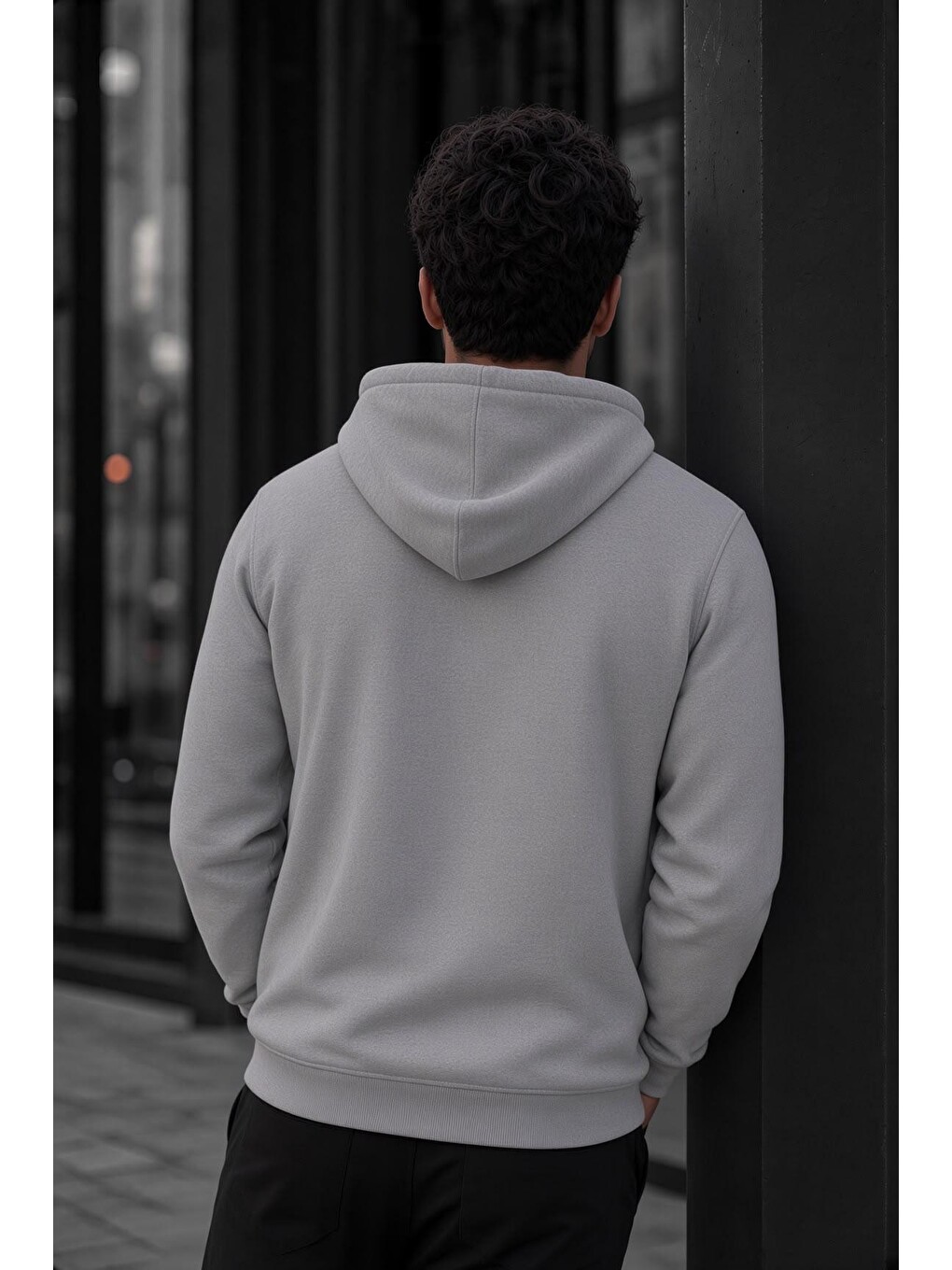 Gri Bery Erkek İki İplik Şardonlu Kapüşonlu Basic Sweatshirt | Kanguru Cepli Düz Renk Günlük Hoodie-3