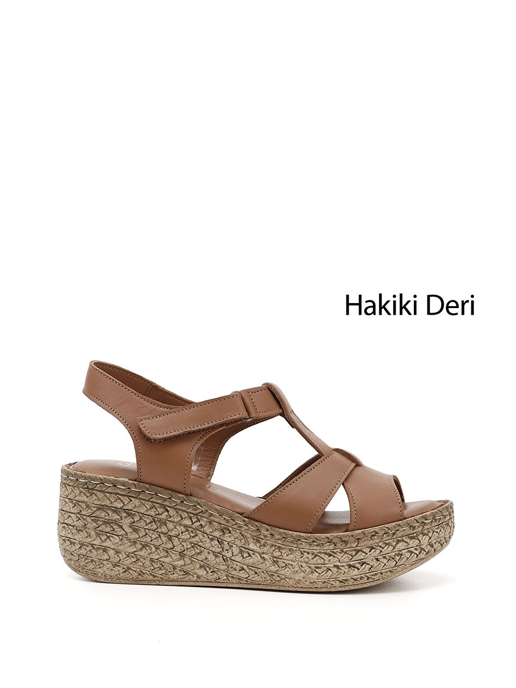 Kahverengi Kadın Cırt Bantlı Dolgu Tabanlı Hakiki Deri Sandalet