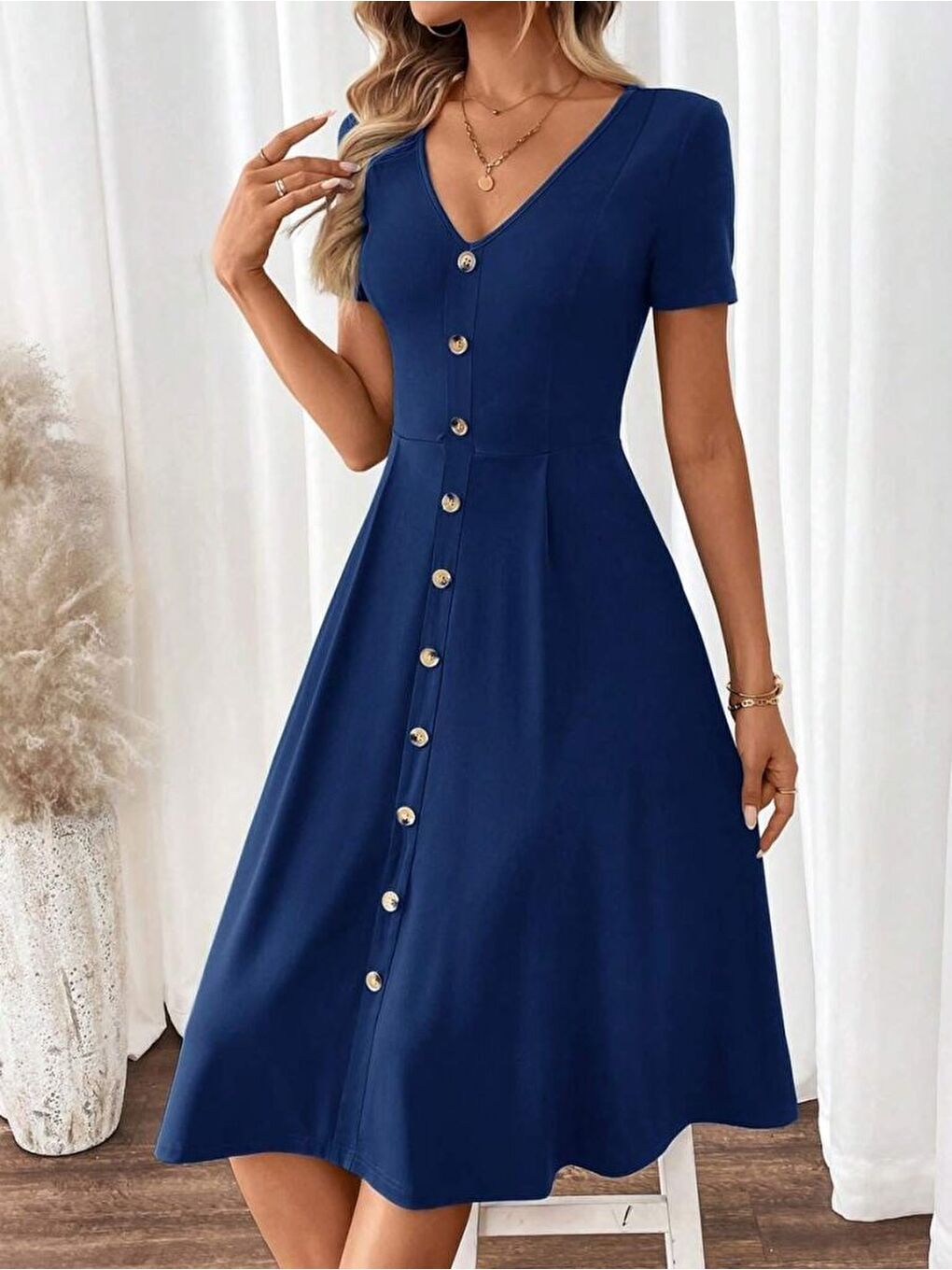 Mavi Kadın Kısa Kollu V Yakalı önden Düğmeli A Kesim Dokuma Elbise