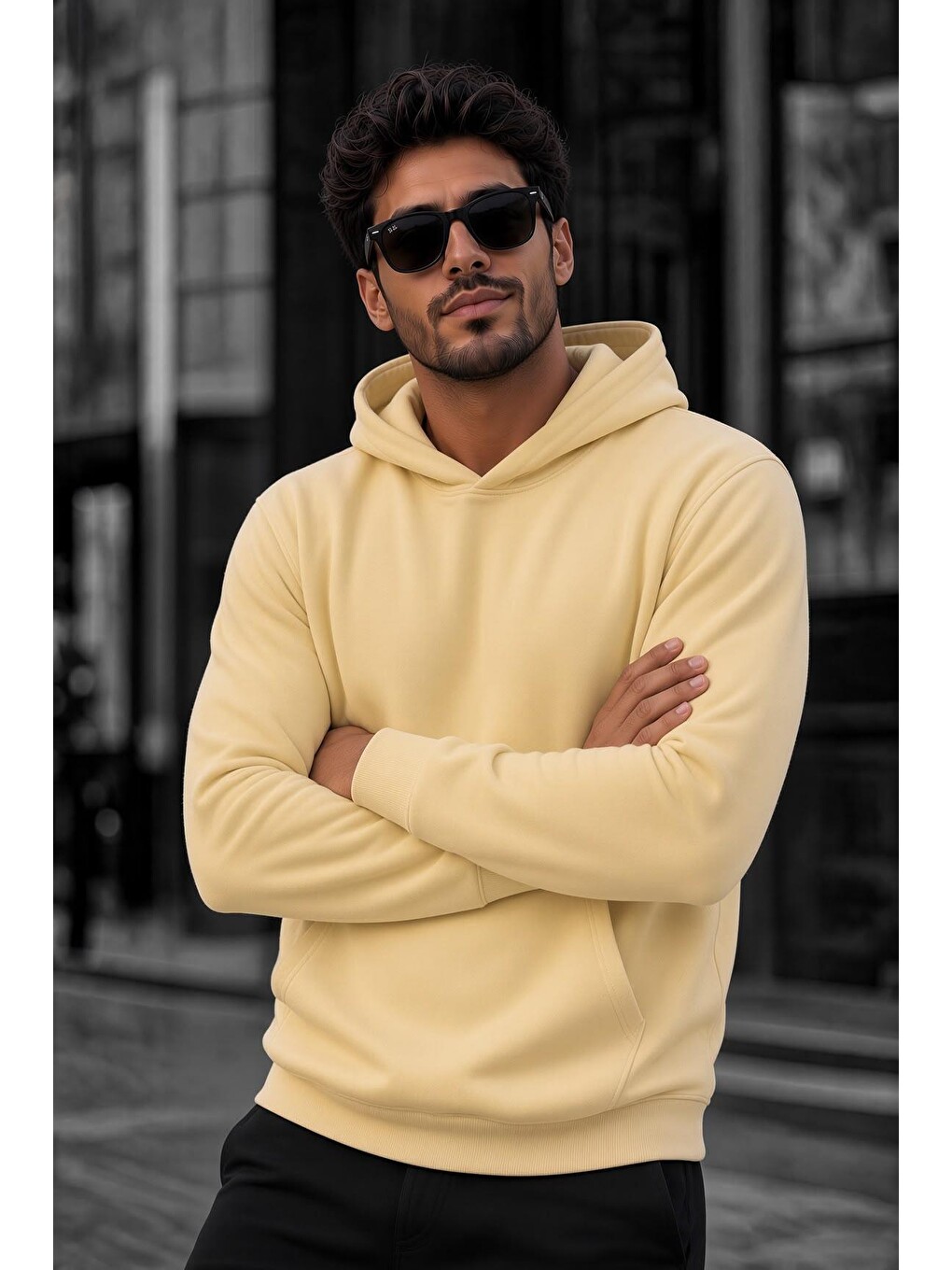 Sarı Bery Erkek İki İplik Şardonlu Kapüşonlu Basic Sweatshirt | Kanguru Cepli Düz Renk Günlük Hoodie-1