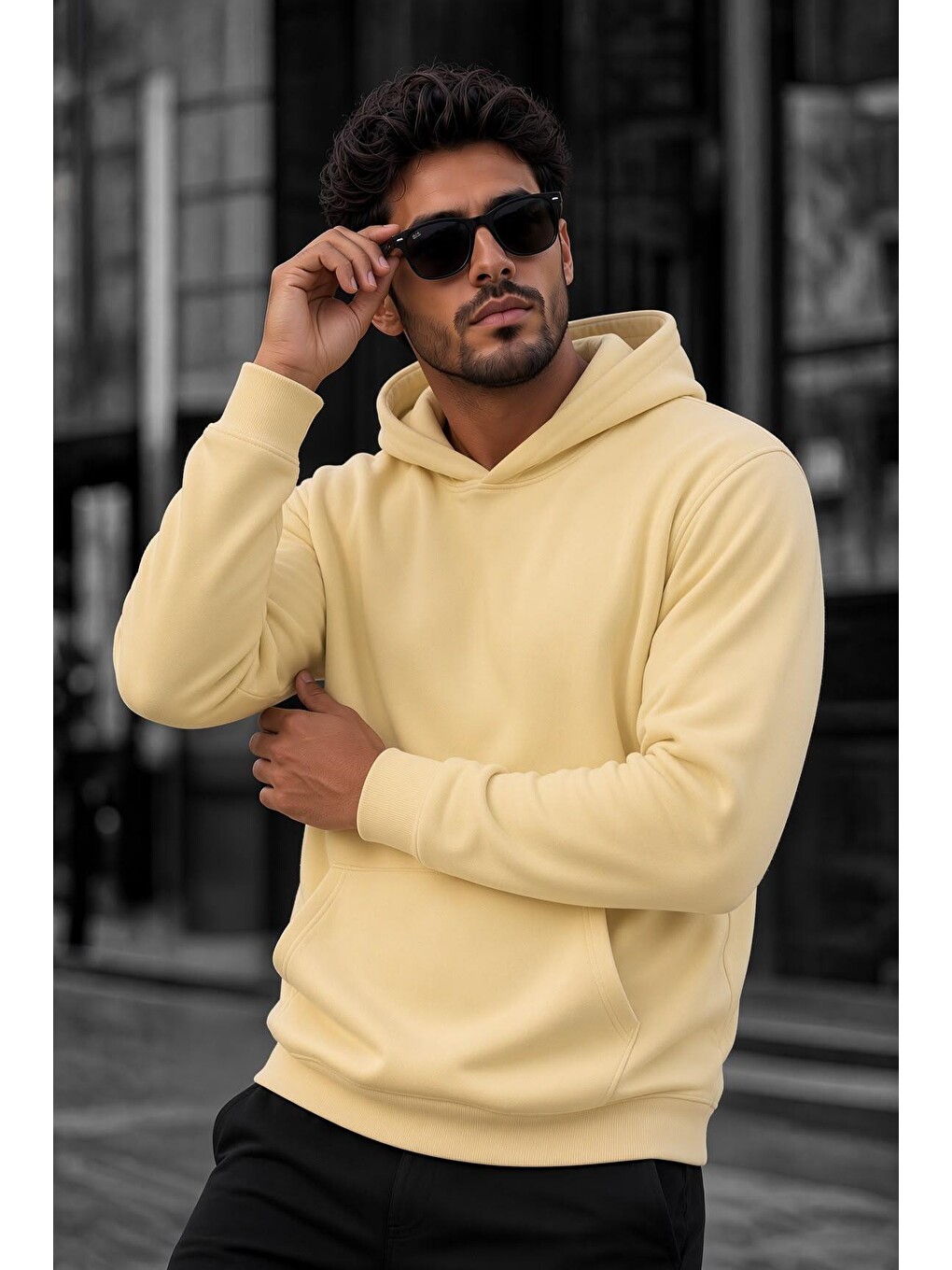 Sarı Bery Erkek İki İplik Şardonlu Kapüşonlu Basic Sweatshirt | Kanguru Cepli Düz Renk Günlük Hoodie-2