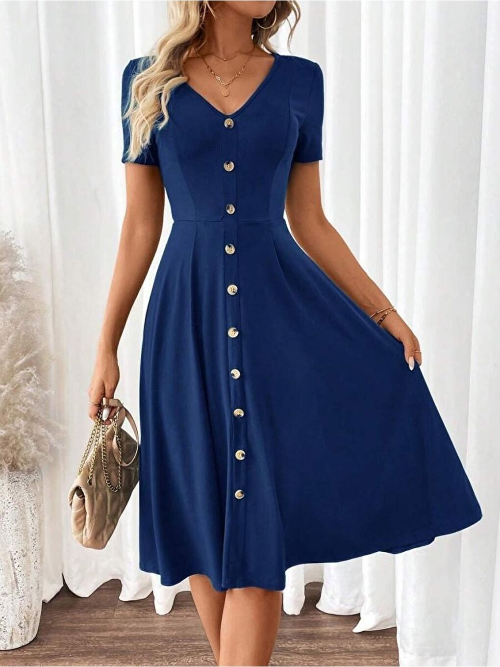 Mavi Kadın Kısa Kollu V Yakalı önden Düğmeli A Kesim Dokuma Elbise-1