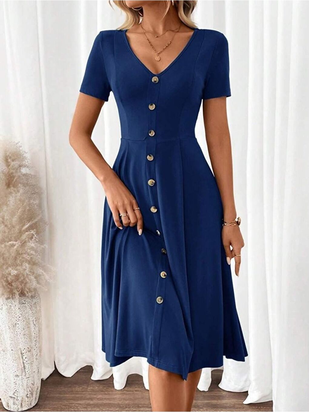 Mavi Kadın Kısa Kollu V Yakalı önden Düğmeli A Kesim Dokuma Elbise-2