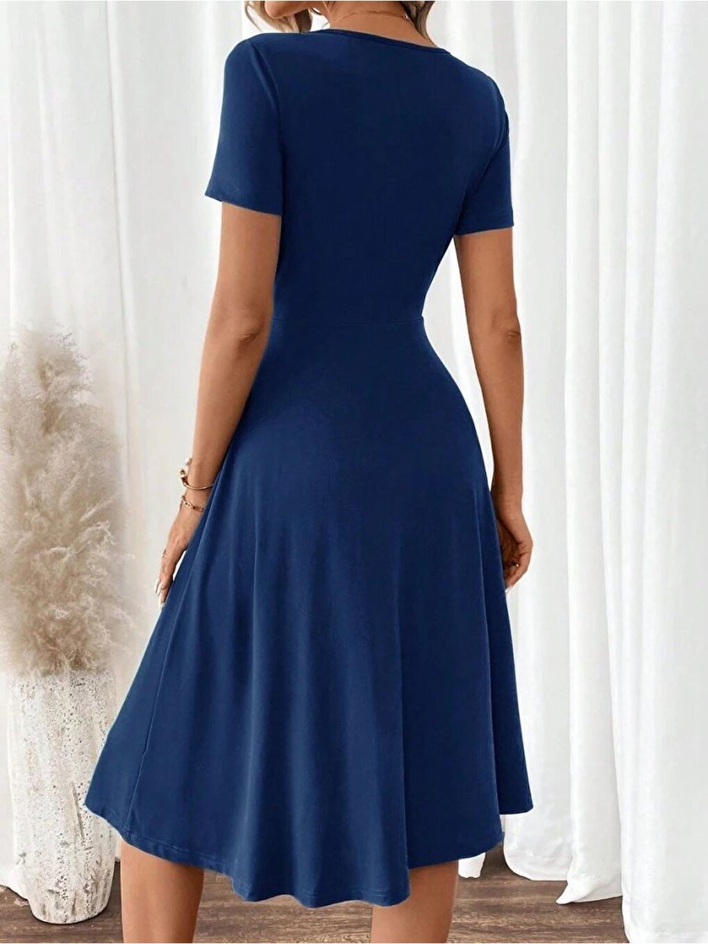 Mavi Kadın Kısa Kollu V Yakalı önden Düğmeli A Kesim Dokuma Elbise-3