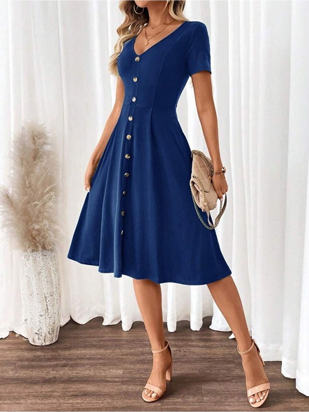 Mavi Kadın Kısa Kollu V Yakalı önden Düğmeli A Kesim Dokuma Elbise-4