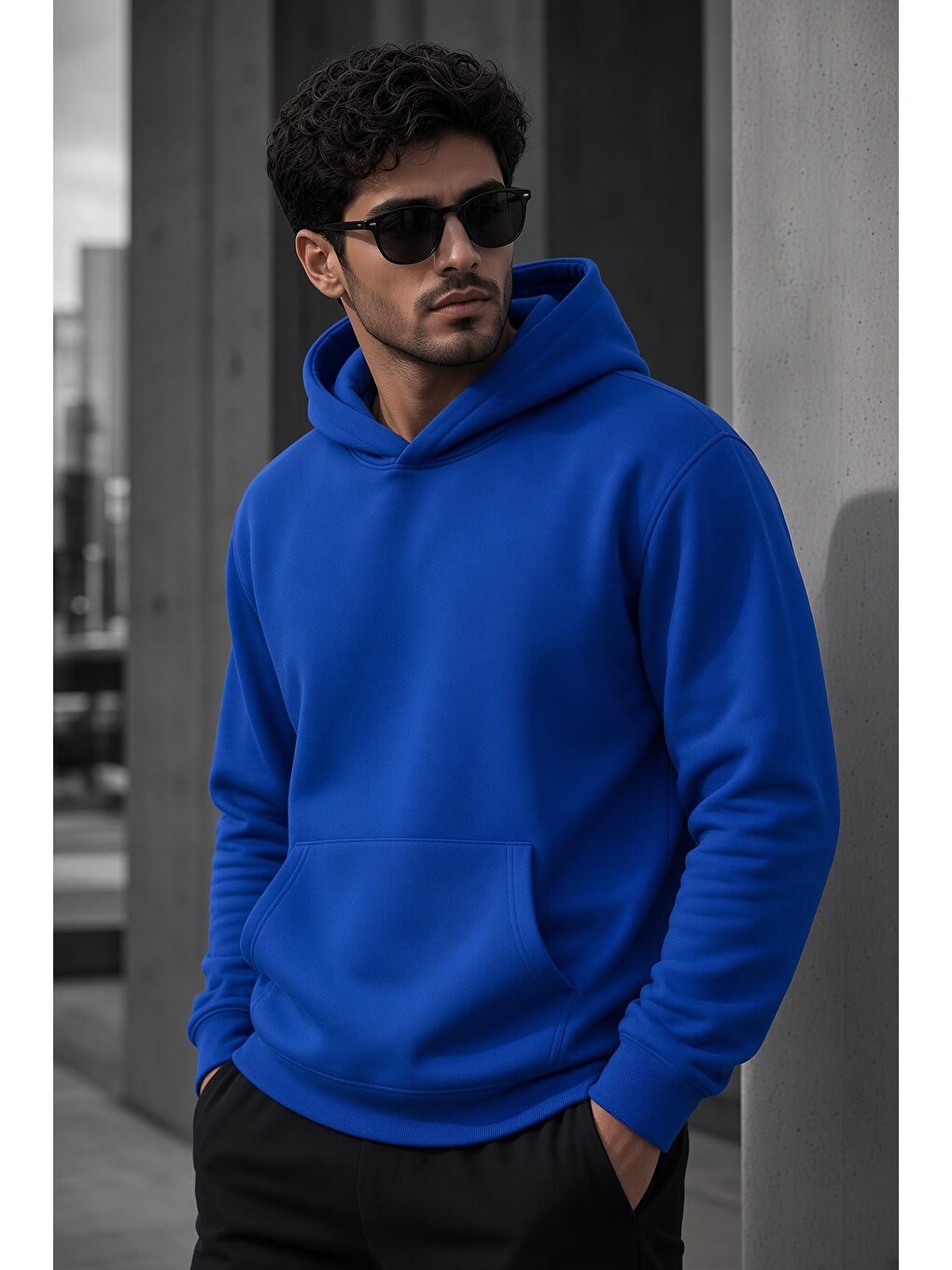 Mavi Bery Erkek İki İplik Şardonlu Kapüşonlu Basic Sweatshirt | Kanguru Cepli Düz Renk Günlük Hoodie