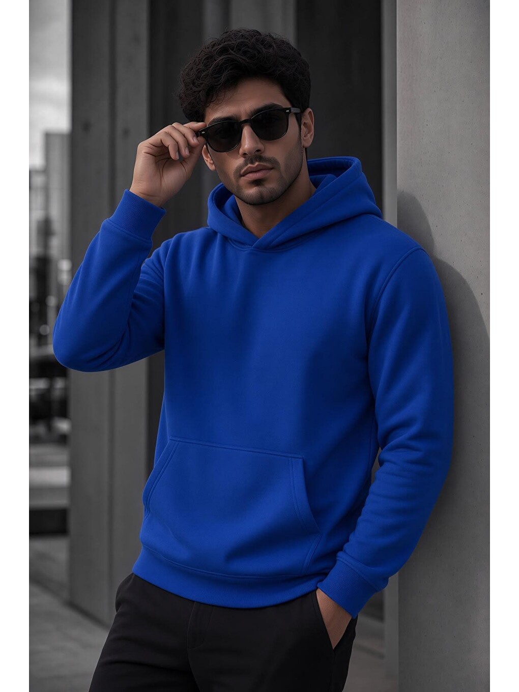Mavi Bery Erkek İki İplik Şardonlu Kapüşonlu Basic Sweatshirt | Kanguru Cepli Düz Renk Günlük Hoodie-1