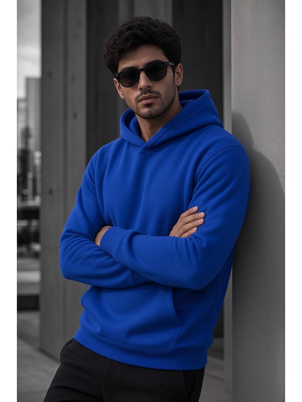Mavi Bery Erkek İki İplik Şardonlu Kapüşonlu Basic Sweatshirt | Kanguru Cepli Düz Renk Günlük Hoodie-2