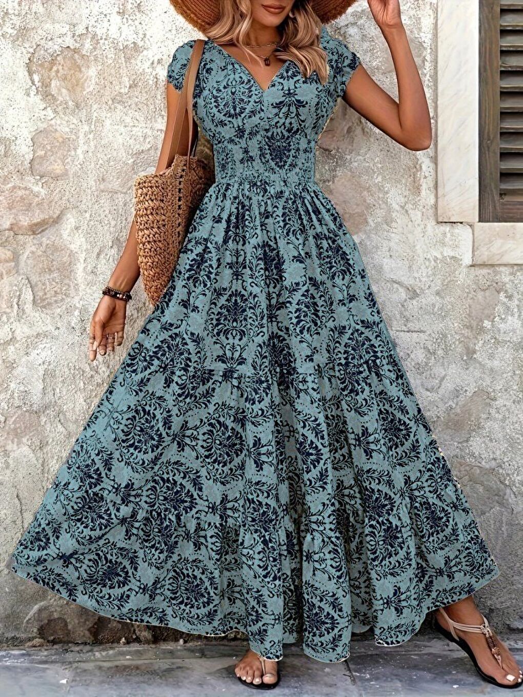 Mavi Kadın Kısa Kollu Kruvaze Yaka Beli Lastikli Süprem Maksi Boy Elbise-1