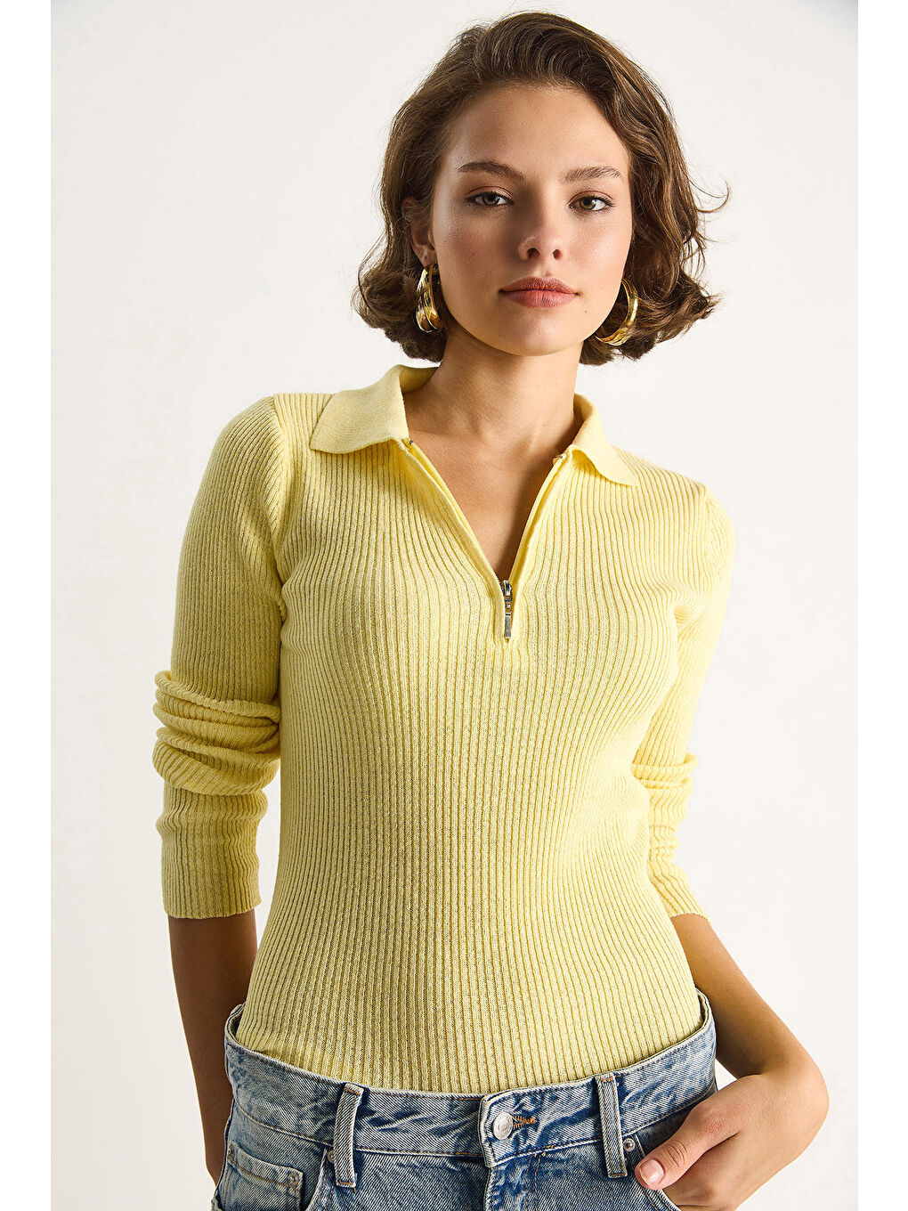 Sarı Kadın Fermuarlı Kazak-1