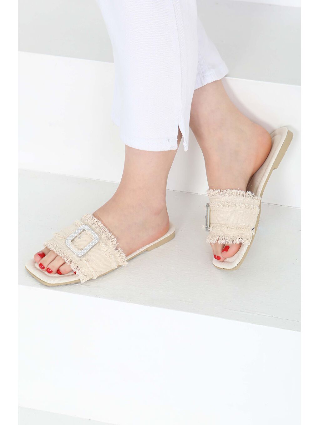 Ekru Kadın Krem Tokalı Jean Terlik   27159