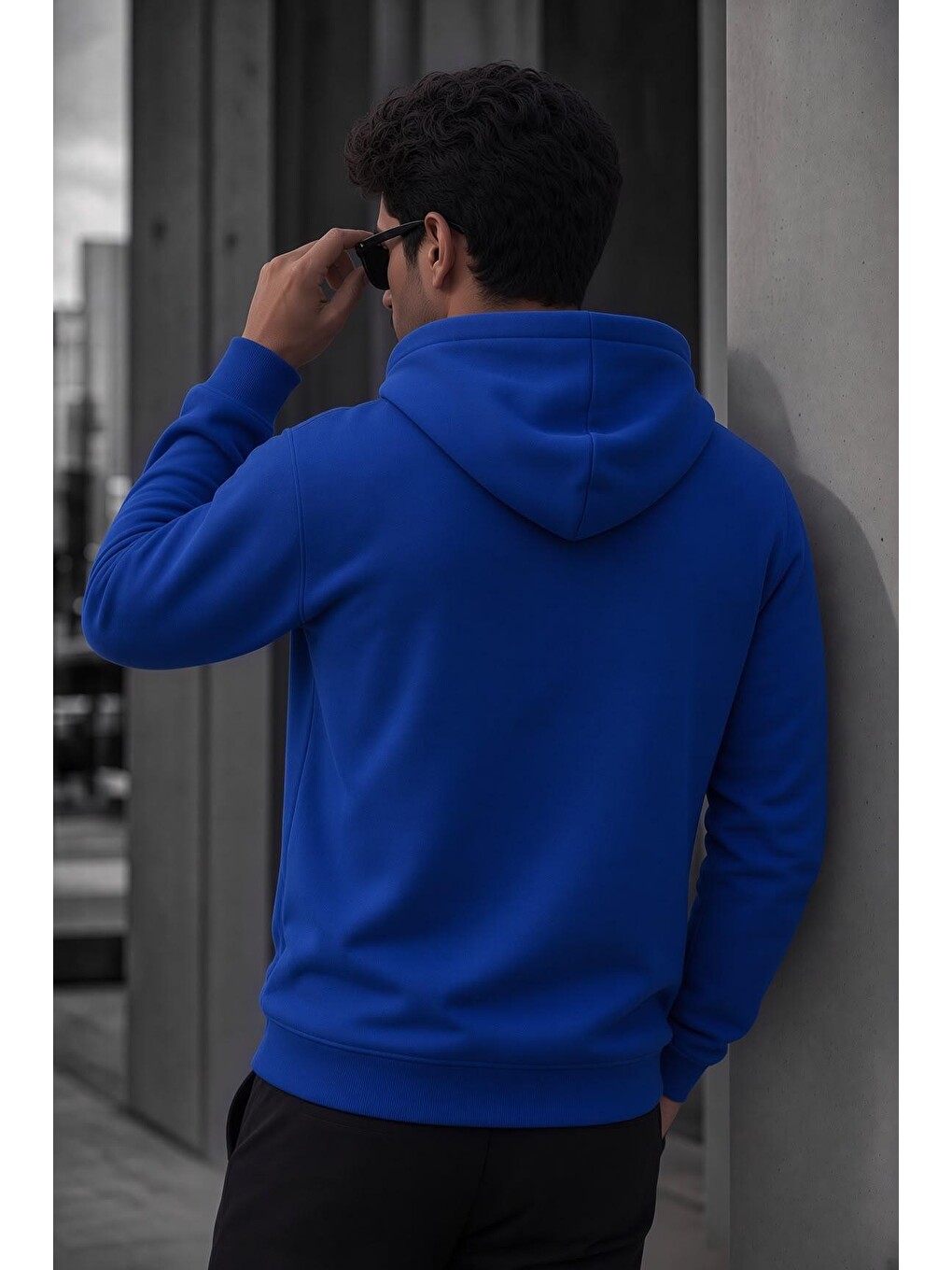 Mavi Bery Erkek İki İplik Şardonlu Kapüşonlu Basic Sweatshirt | Kanguru Cepli Düz Renk Günlük Hoodie-3