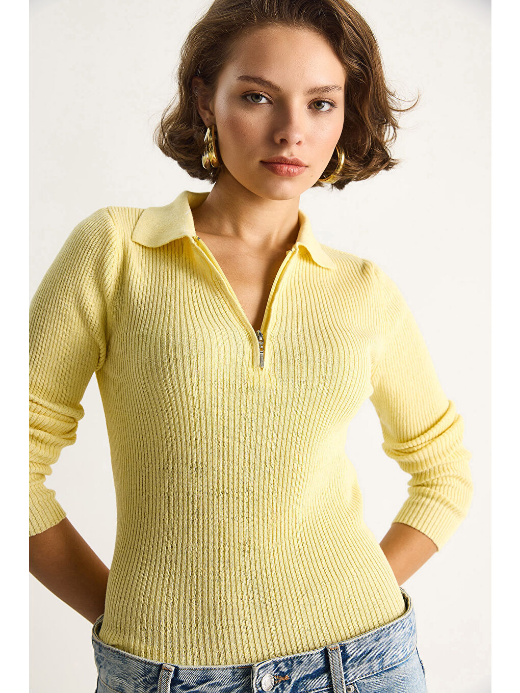 Sarı Kadın Fermuarlı Kazak-2