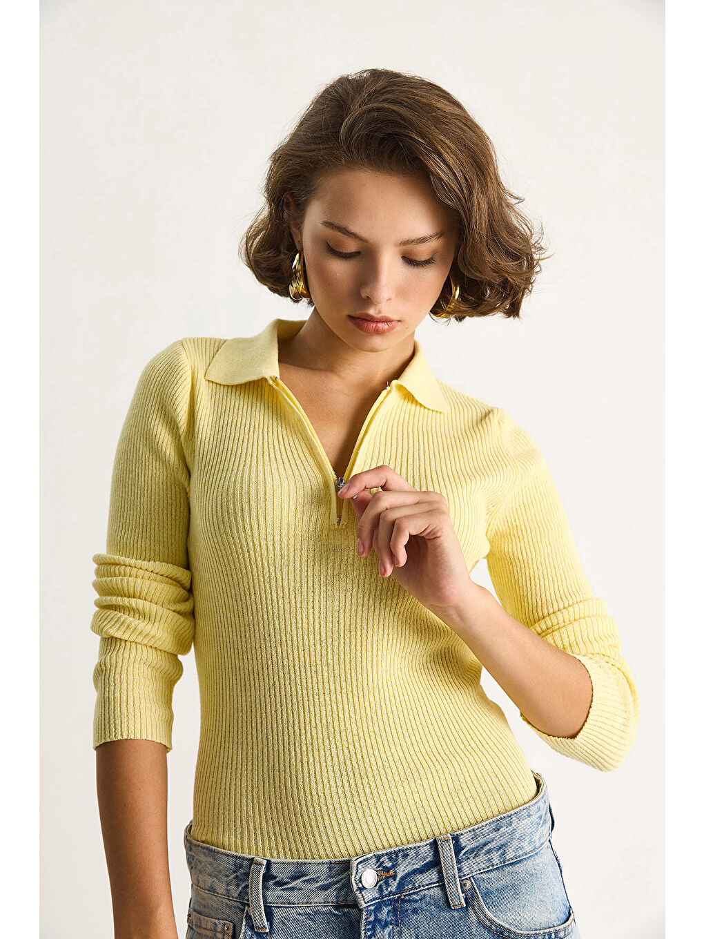 Sarı Kadın Fermuarlı Kazak-3