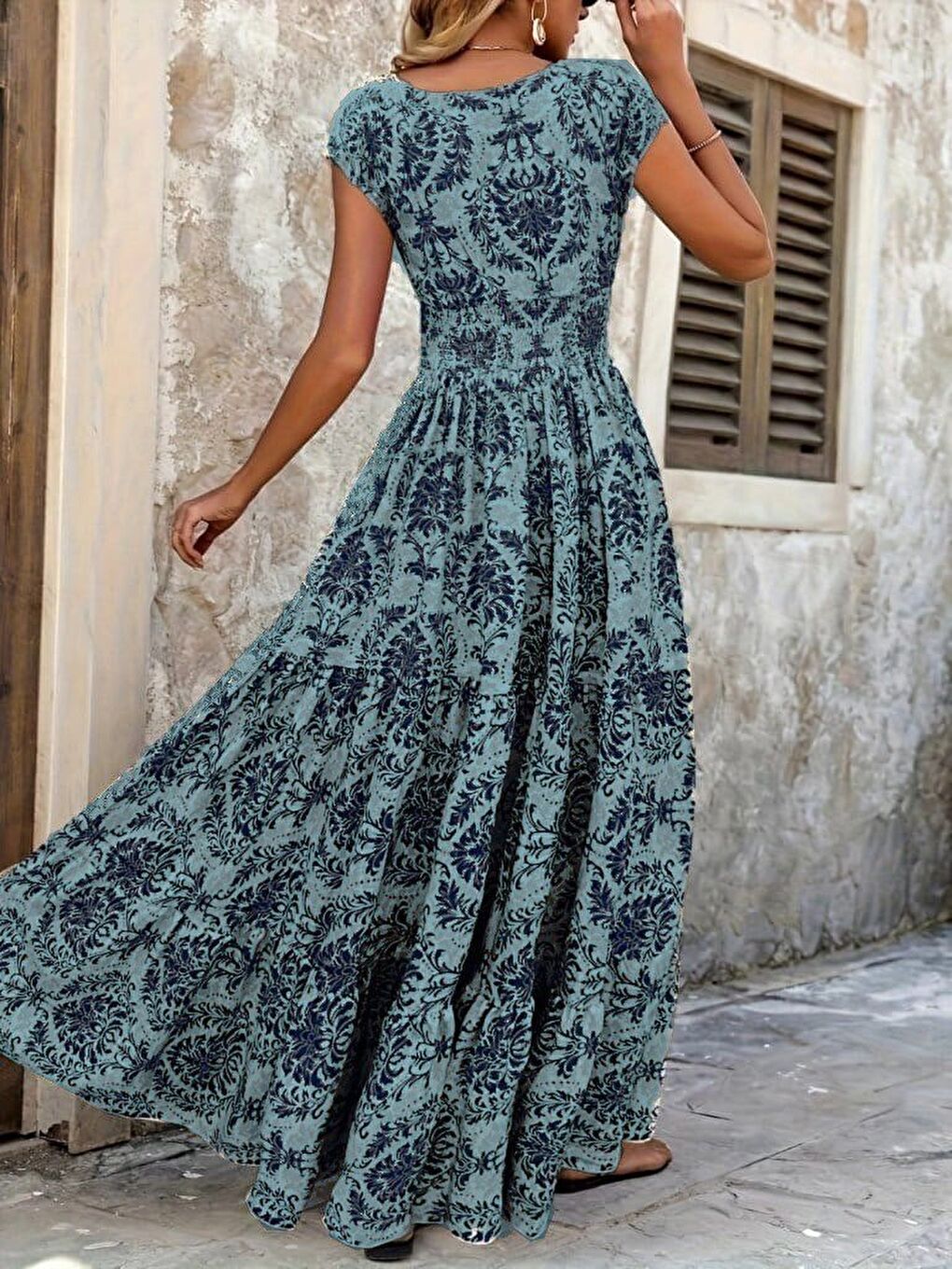 Mavi Kadın Kısa Kollu Kruvaze Yaka Beli Lastikli Süprem Maksi Boy Elbise-4