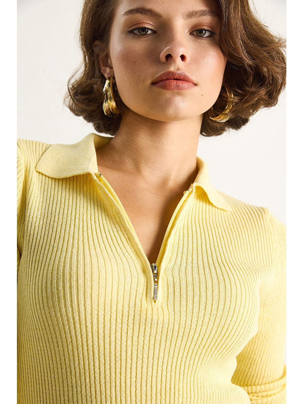 Sarı Kadın Fermuarlı Kazak-4