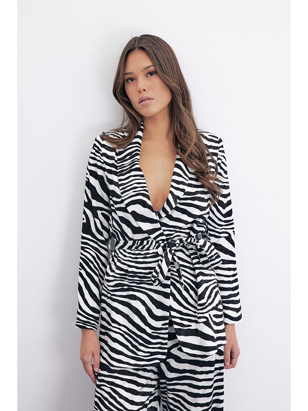 SATEEN Kuşaklı Zebra Ceket - Siyah