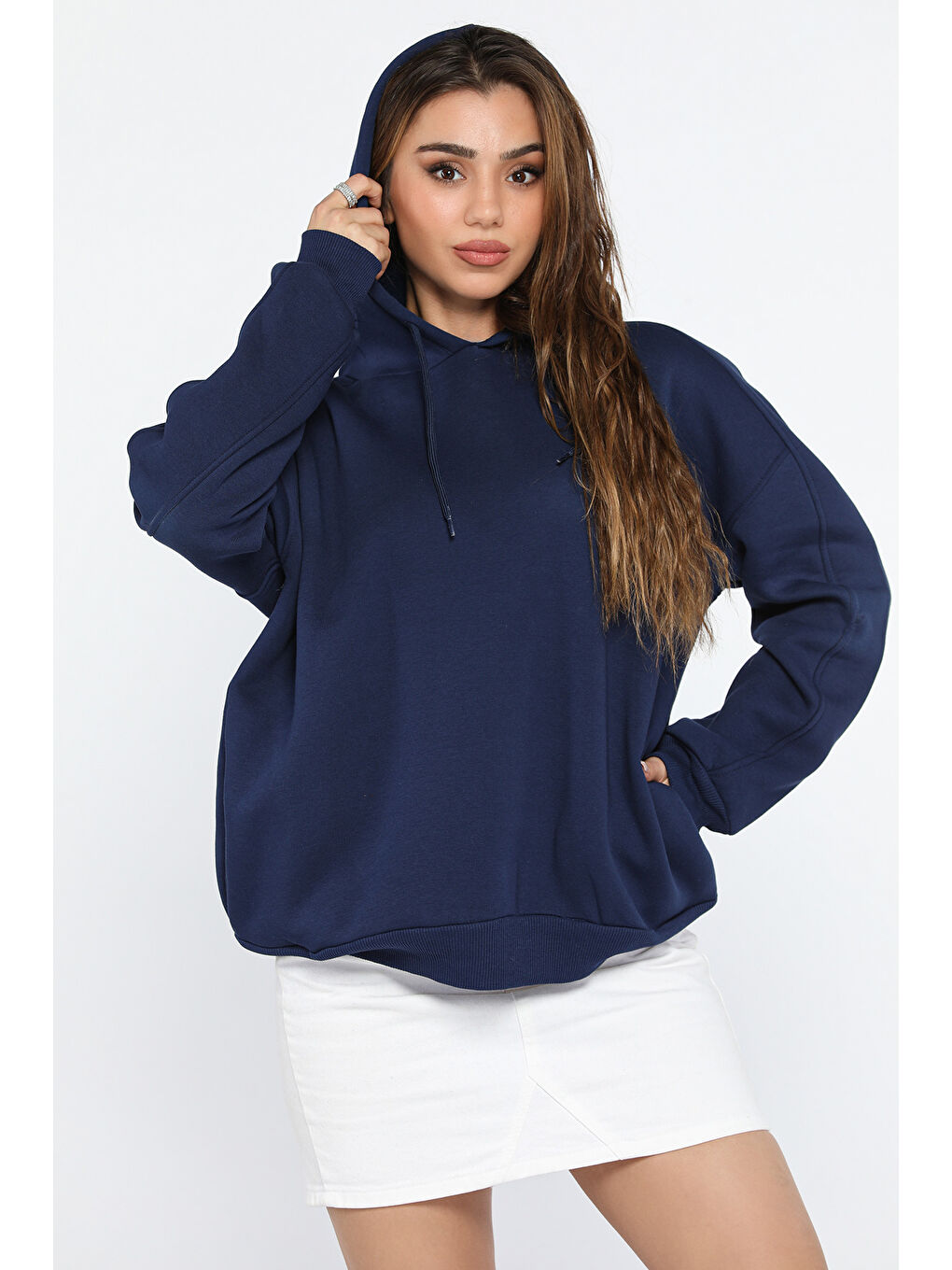 GÜLSELİ Lacivert Kadın Kapüşonlu Üç İplik Şardonlu Oversize Sweatshirt