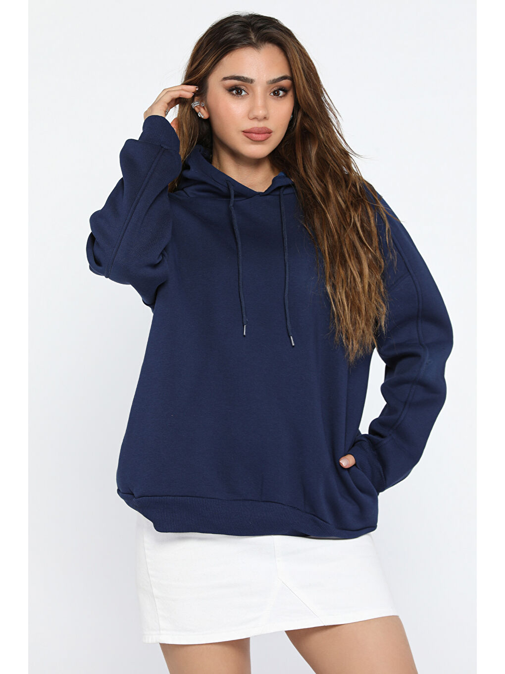 GÜLSELİ Lacivert Kadın Kapüşonlu Üç İplik Şardonlu Oversize Sweatshirt - 1