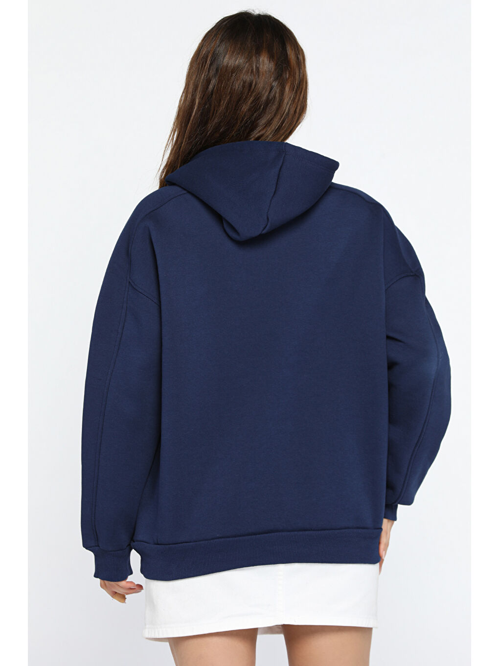 GÜLSELİ Lacivert Kadın Kapüşonlu Üç İplik Şardonlu Oversize Sweatshirt - 2