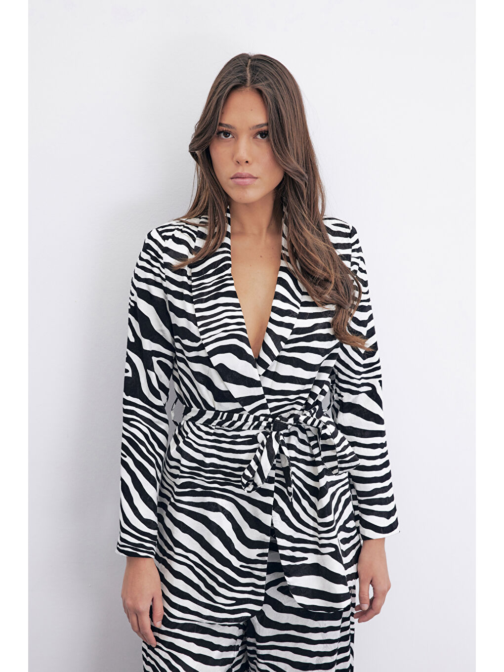 SATEEN Kuşaklı Zebra Ceket - Siyah - 2