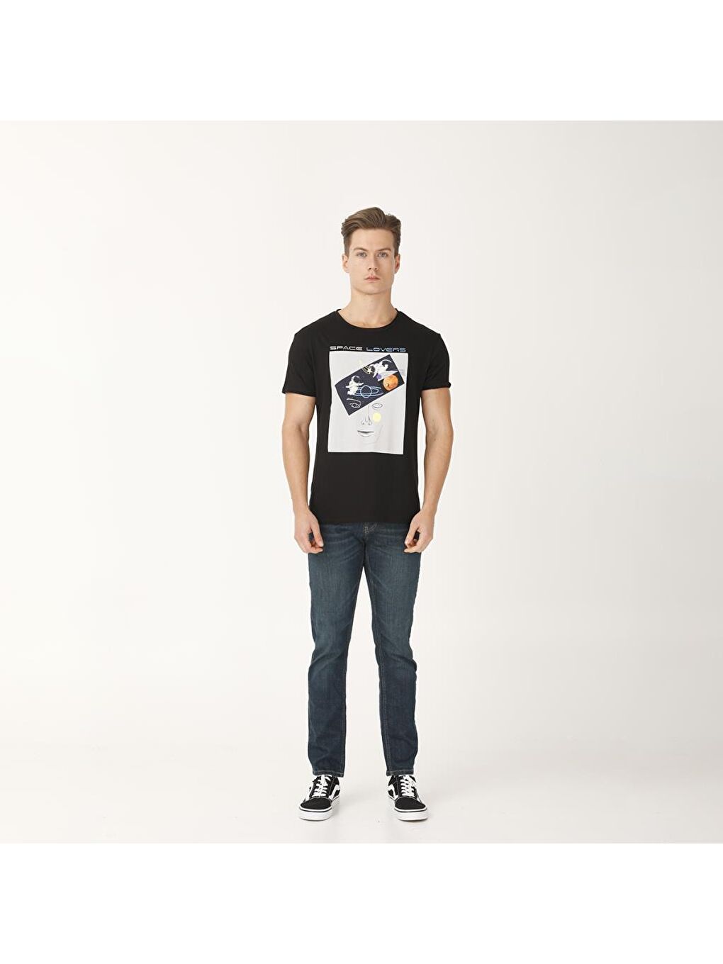 Siyah Faces Space Lovers Erkek T-Shirt-4