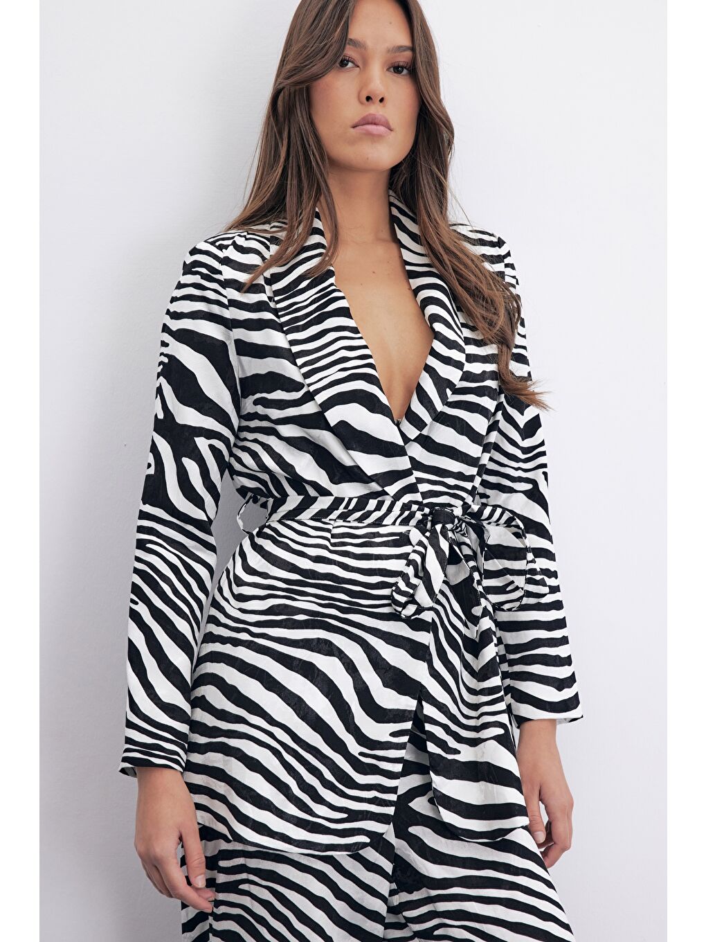 SATEEN Kuşaklı Zebra Ceket - Siyah - 3