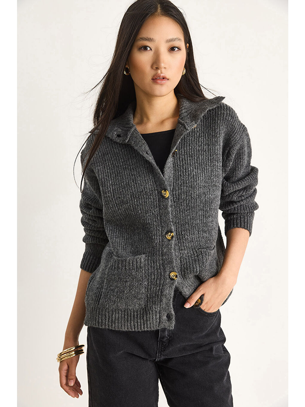 Antrasit Kadın Selanik Örgü Cepli Triko Hırka-1