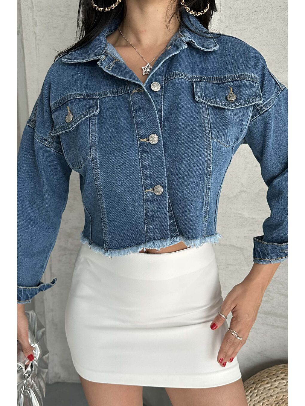 Çift Cepli Demin Crop Ceket Mavi - 27299-2