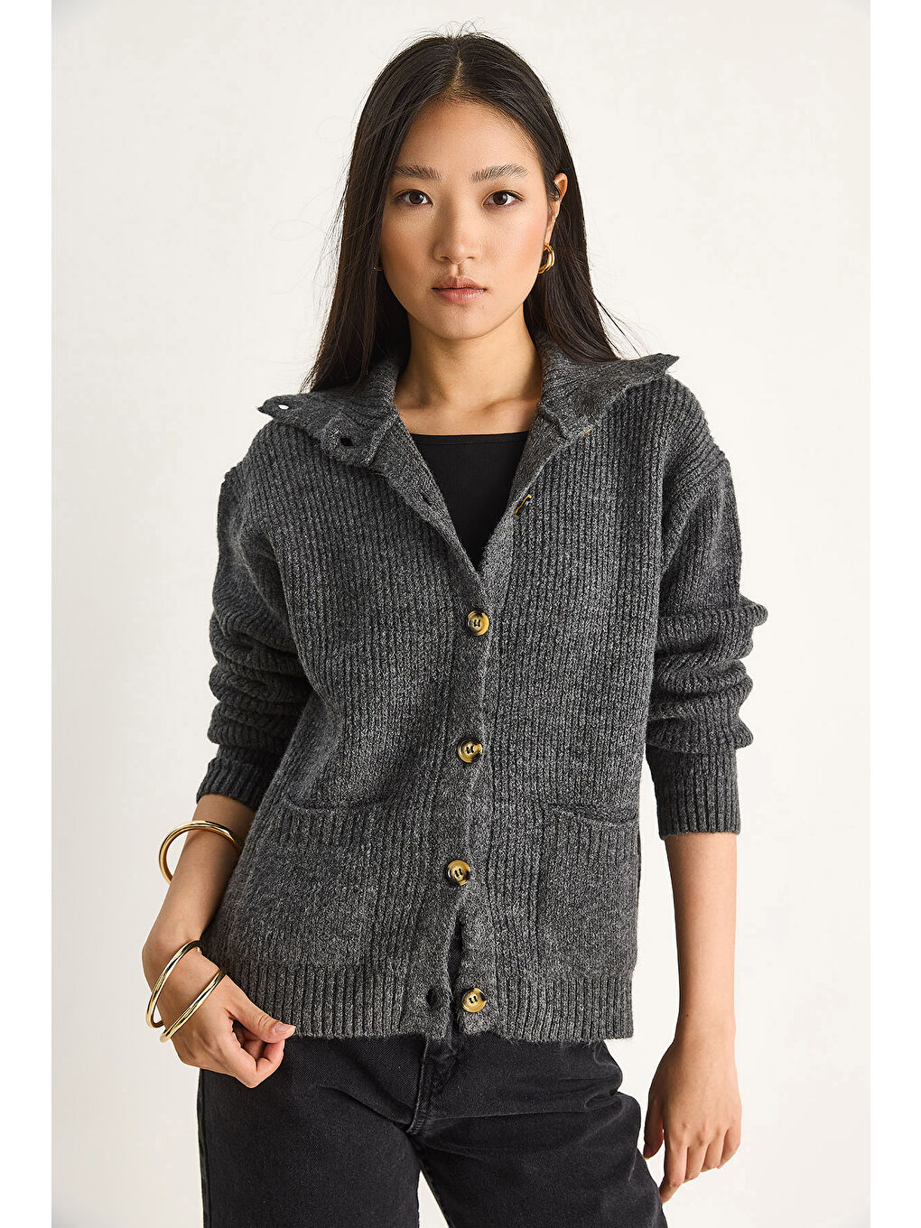 Antrasit Kadın Selanik Örgü Cepli Triko Hırka-2