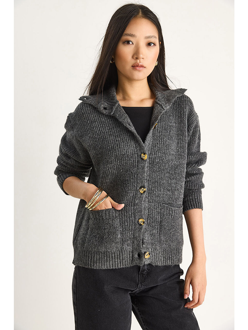 Antrasit Kadın Selanik Örgü Cepli Triko Hırka-4