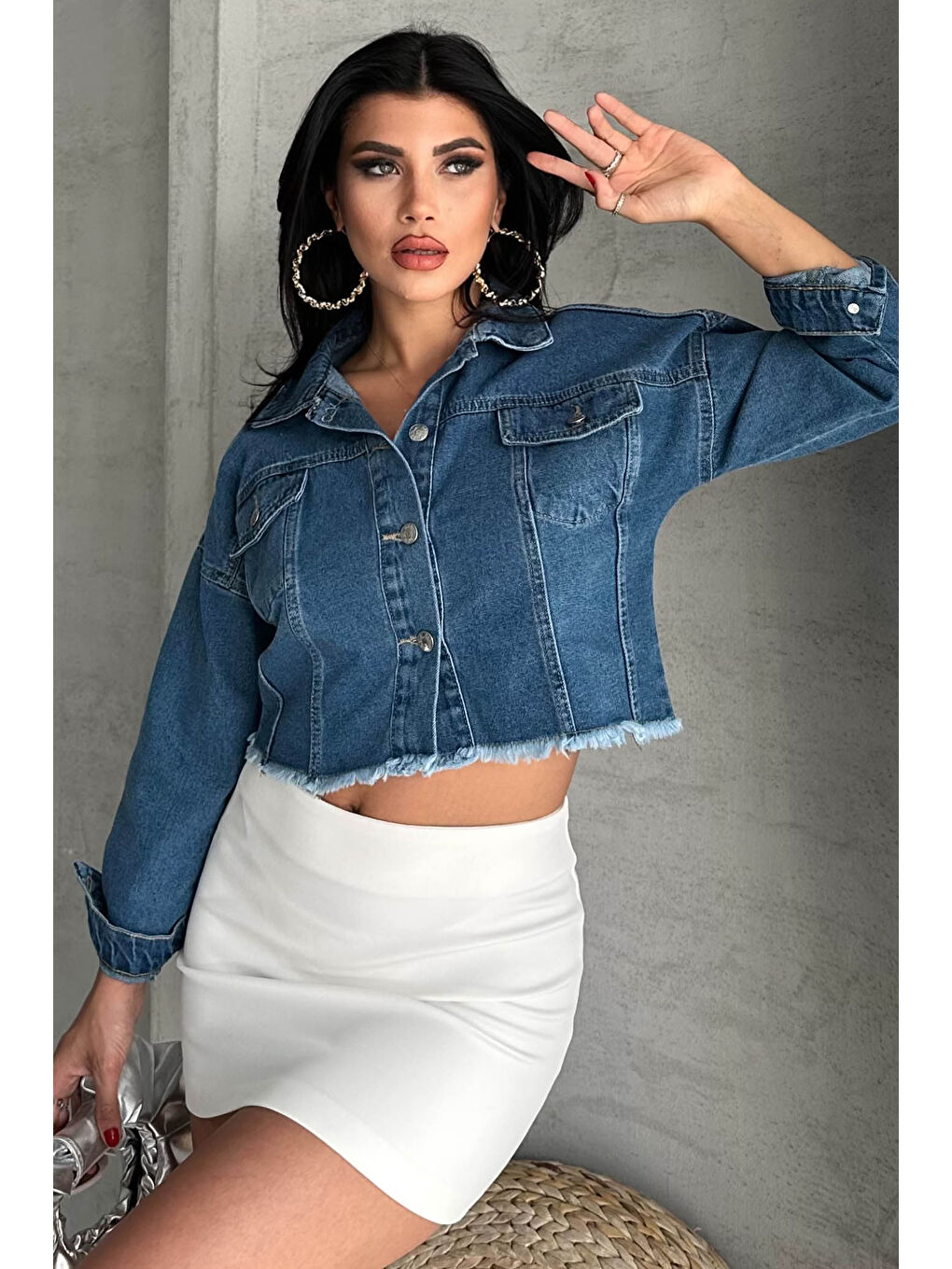 Çift Cepli Demin Crop Ceket Mavi - 27299-3