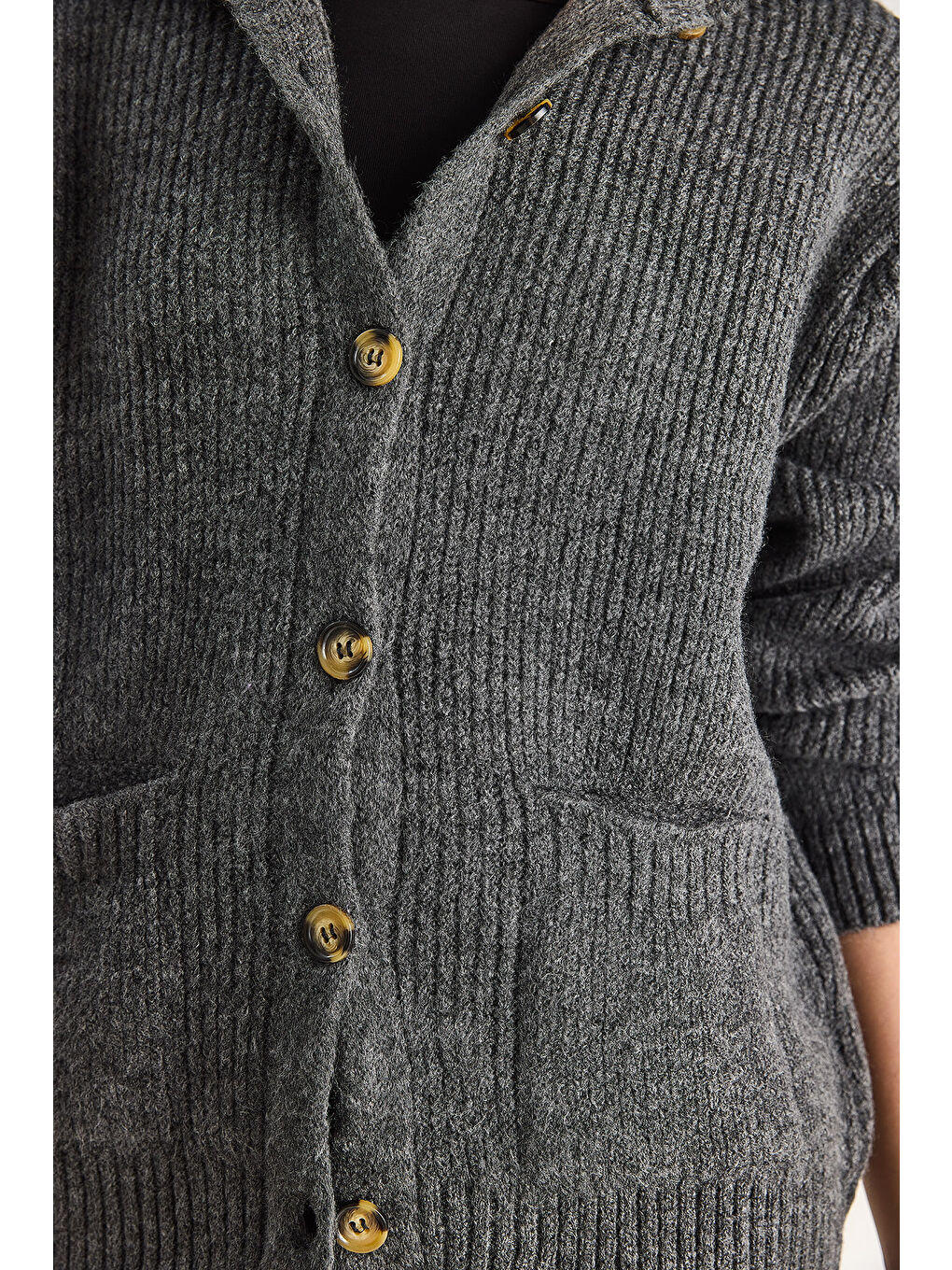 Antrasit Kadın Selanik Örgü Cepli Triko Hırka-5