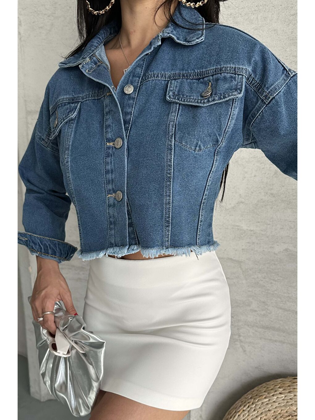 Çift Cepli Demin Crop Ceket Mavi - 27299-4