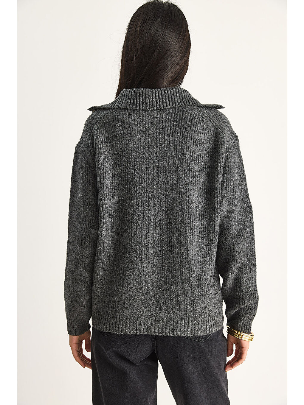 Antrasit Kadın Selanik Örgü Cepli Triko Hırka-6