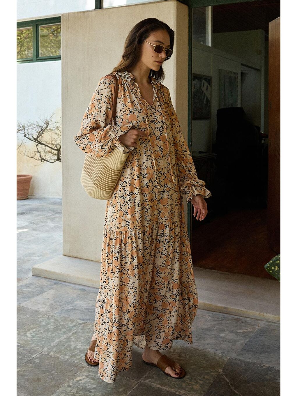 Turuncu Diane Viskon Fırfırlı Uzun Elbise Soft Oranj