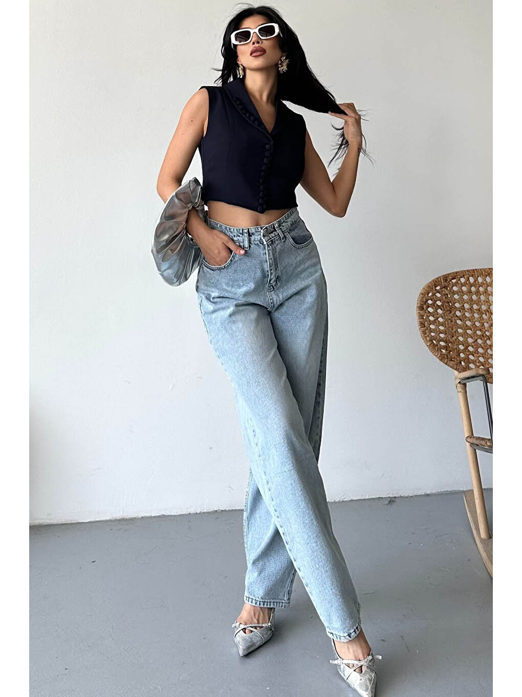 Tokalı Baggy Jean Pantolon Buz Mavi - 27297