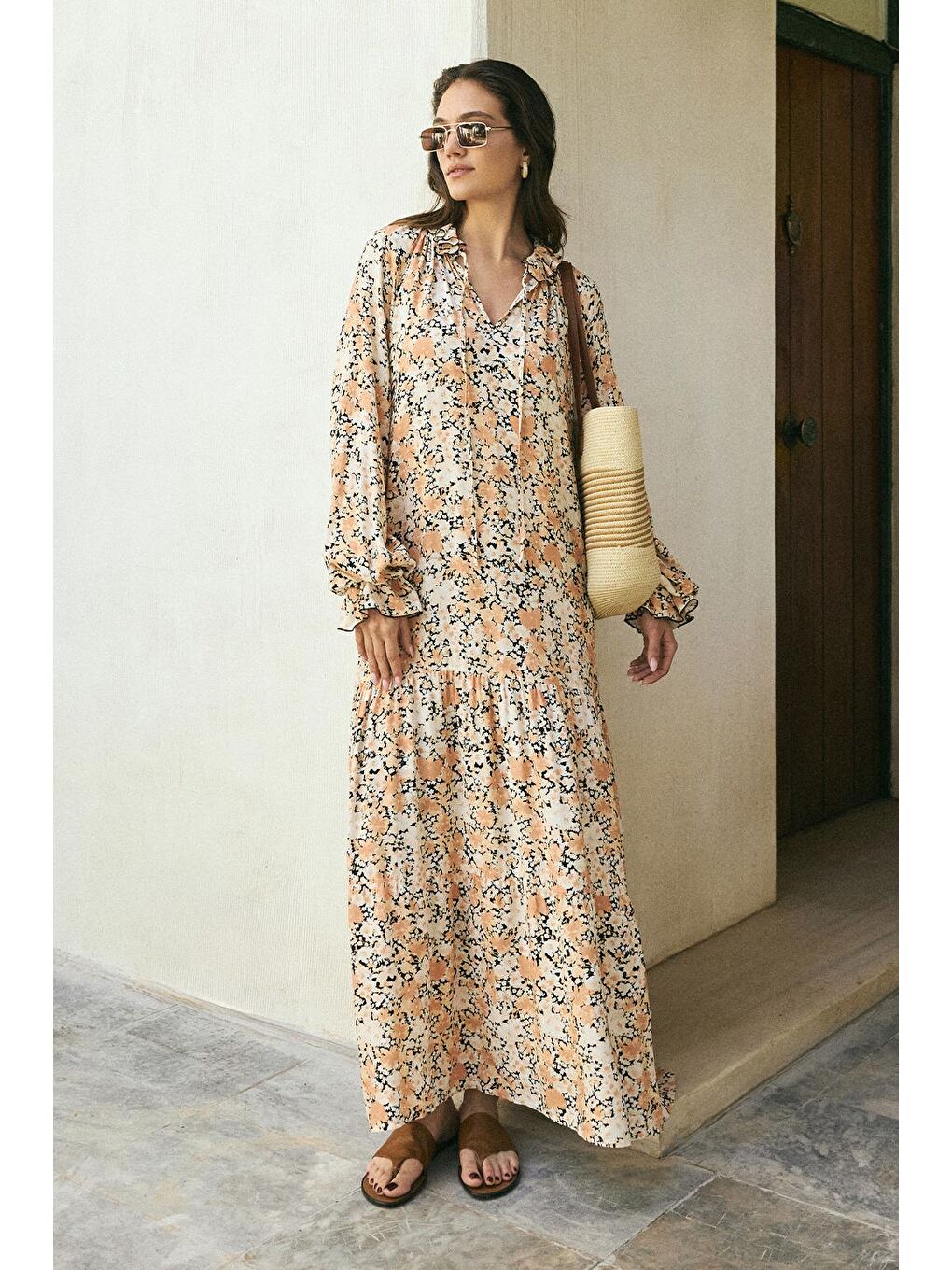 Turuncu Diane Viskon Fırfırlı Uzun Elbise Soft Oranj-3