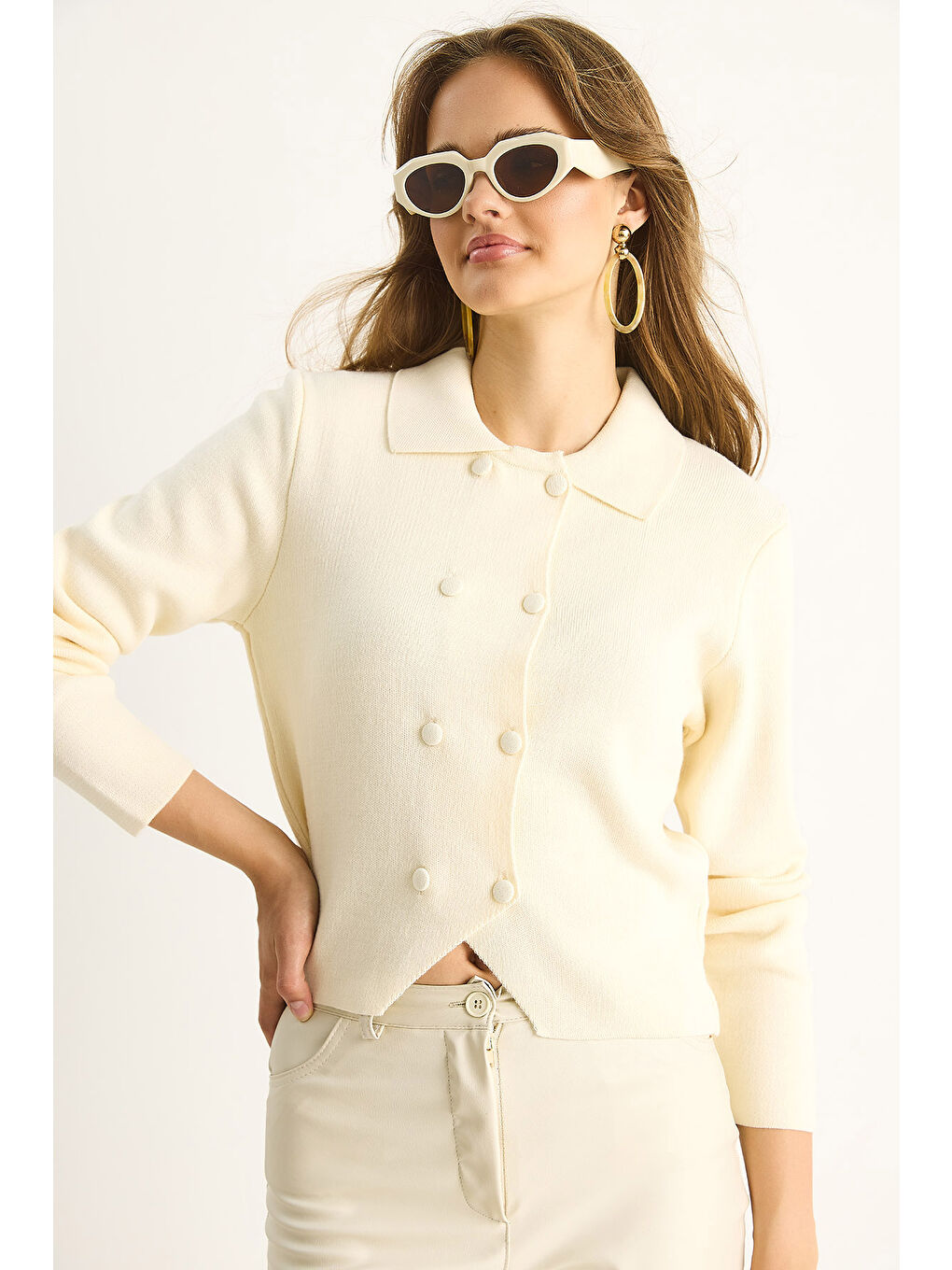 Ekru Kadın Çift Düğme Detaylı Kruvaze Hırka-3