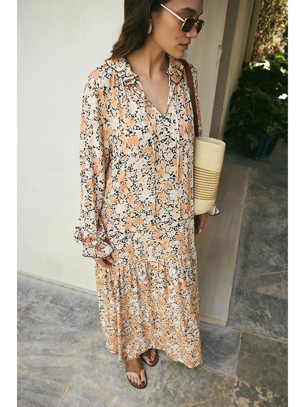 Turuncu Diane Viskon Fırfırlı Uzun Elbise Soft Oranj-4