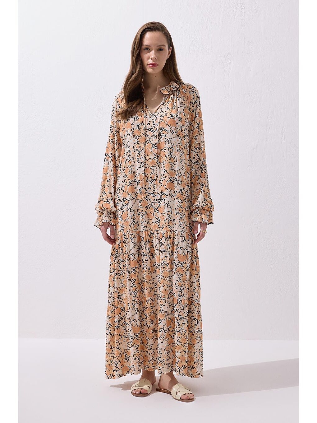 Turuncu Diane Viskon Fırfırlı Uzun Elbise Soft Oranj-5