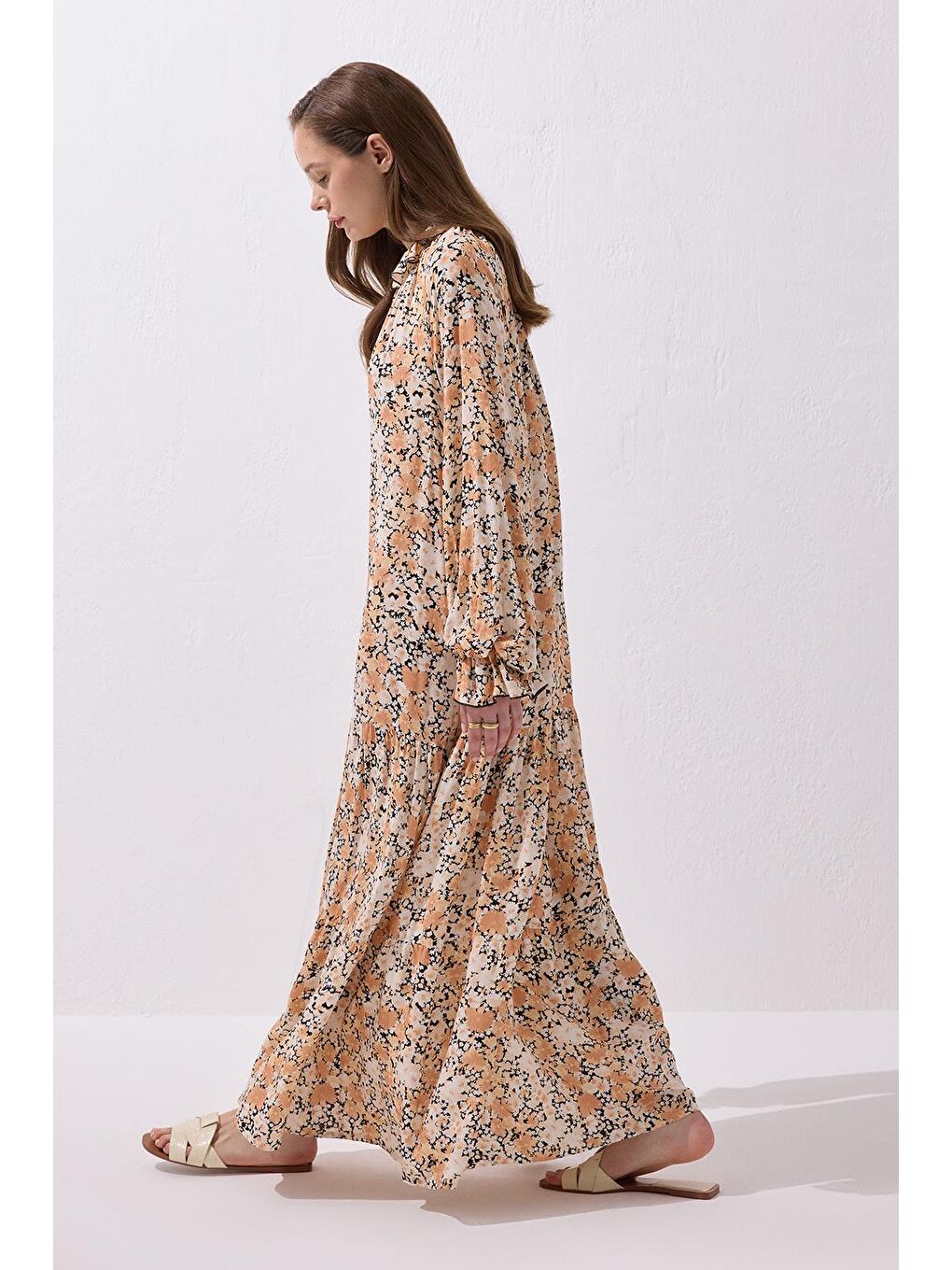 Turuncu Diane Viskon Fırfırlı Uzun Elbise Soft Oranj-6