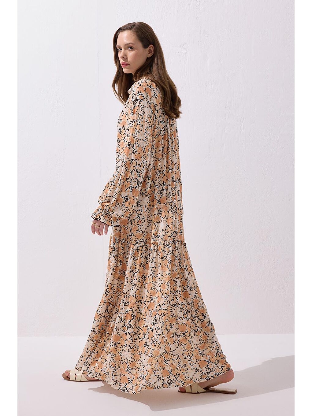 Turuncu Diane Viskon Fırfırlı Uzun Elbise Soft Oranj-7