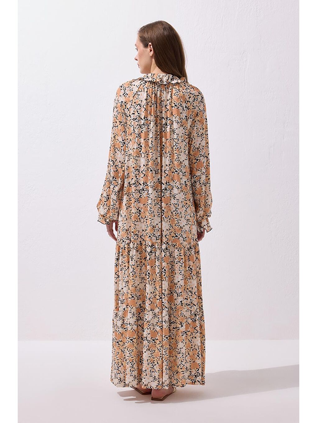 Turuncu Diane Viskon Fırfırlı Uzun Elbise Soft Oranj-8