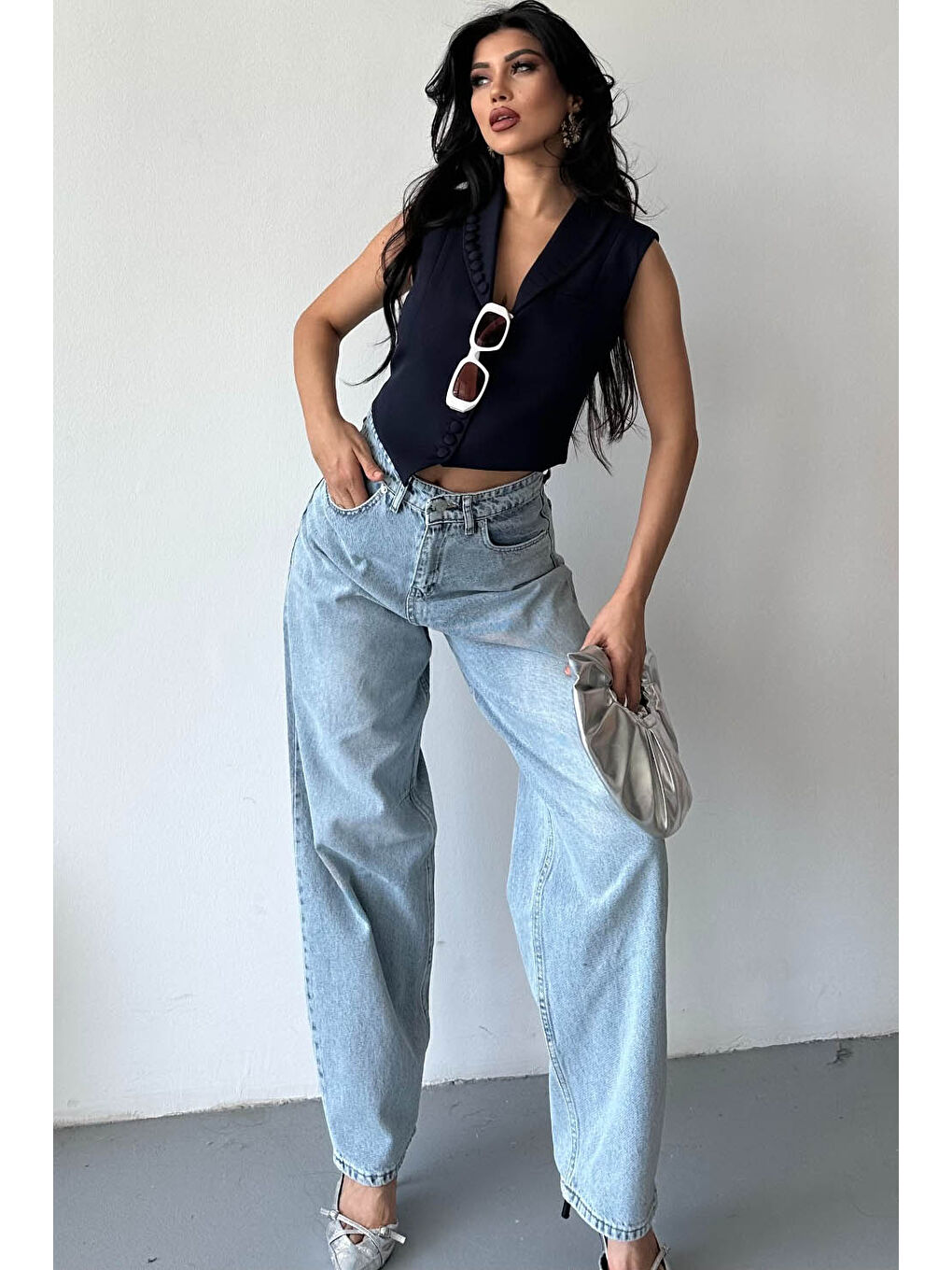 Tokalı Baggy Jean Pantolon Buz Mavi - 27297-2