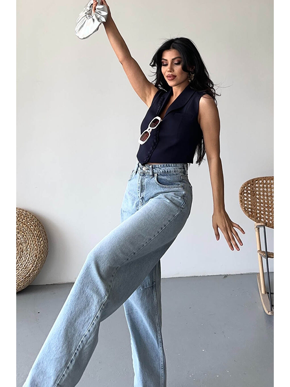 Tokalı Baggy Jean Pantolon Buz Mavi - 27297-3