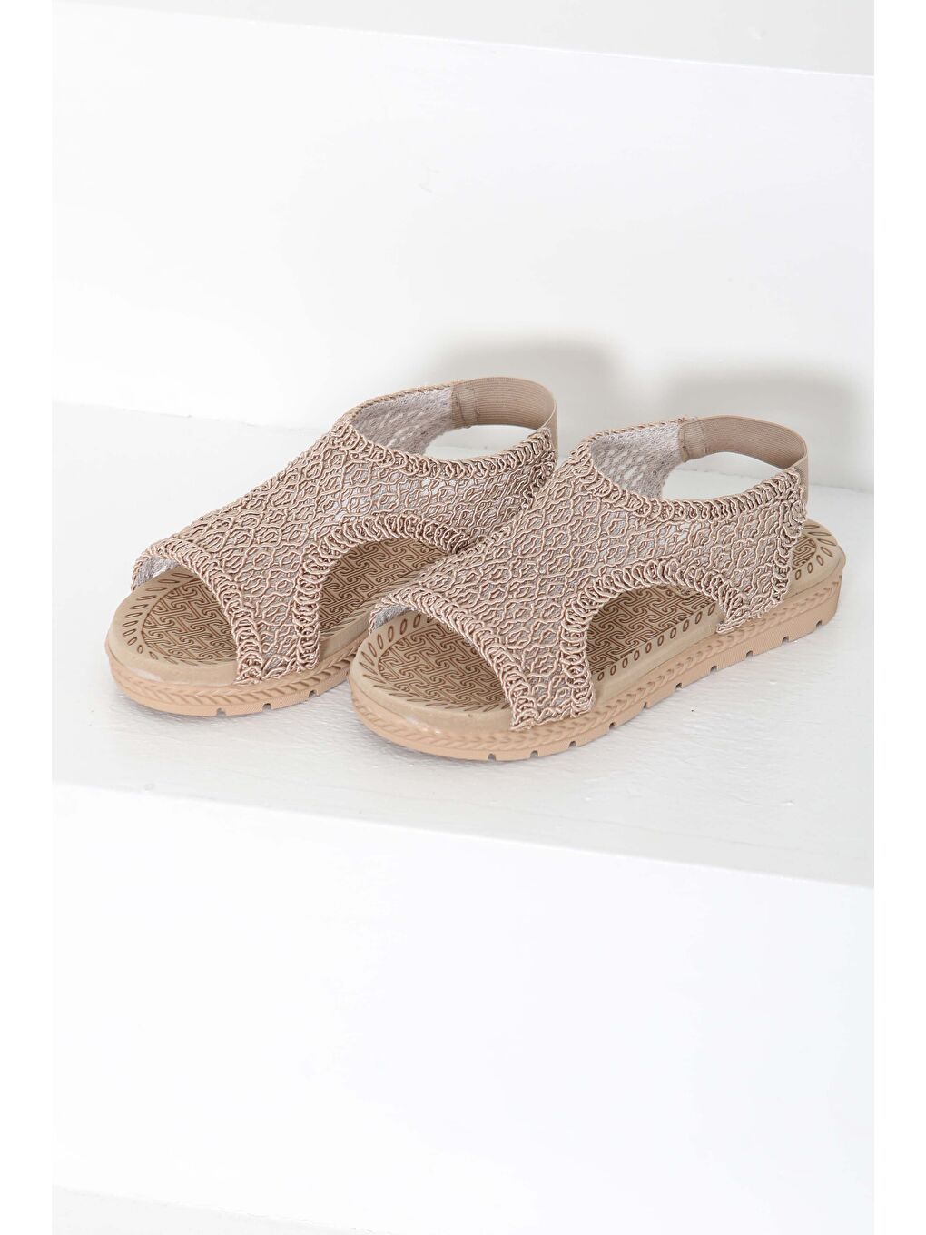 Bej Kadın Vizon Nakış Hasırlı Sandalet - 27156-5