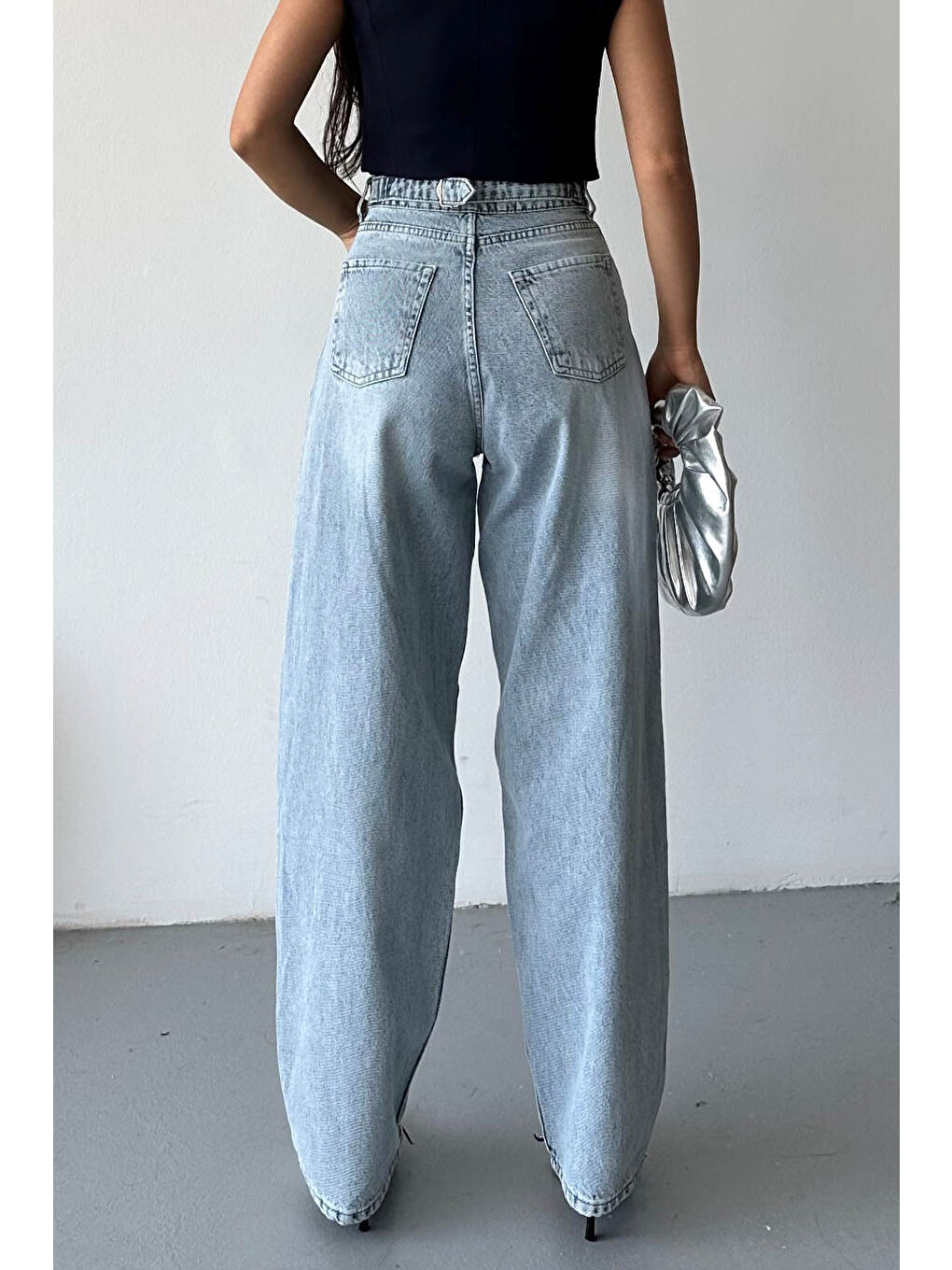 Tokalı Baggy Jean Pantolon Buz Mavi - 27297-5