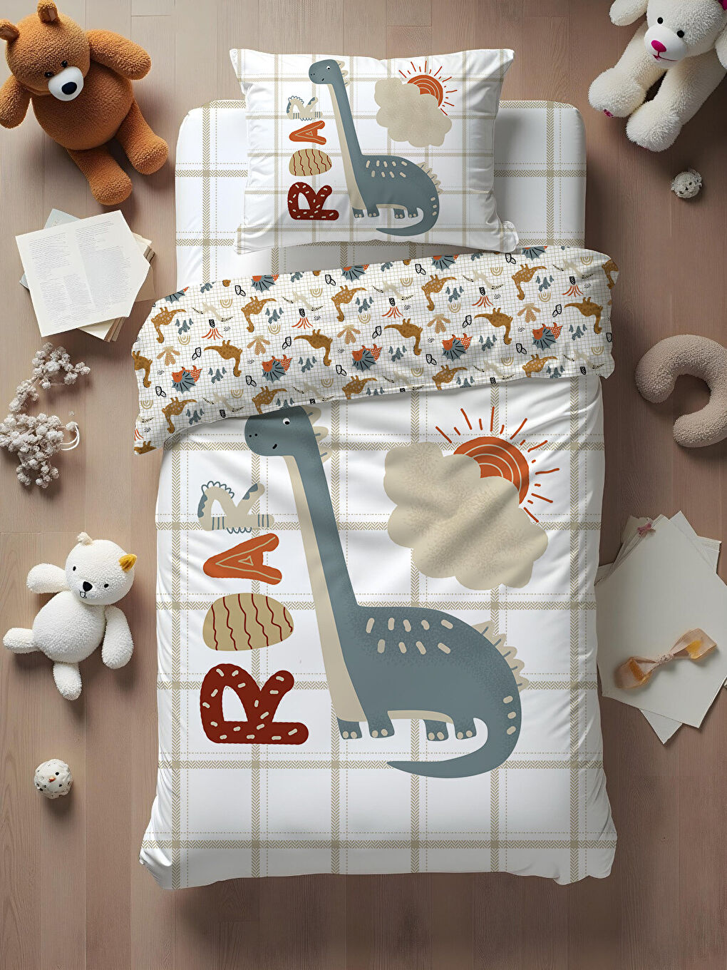 Karışık Dinozor Desenli Bebek Nevresim Takımı – 100x150 cm - ÇARŞAFSIZ-4