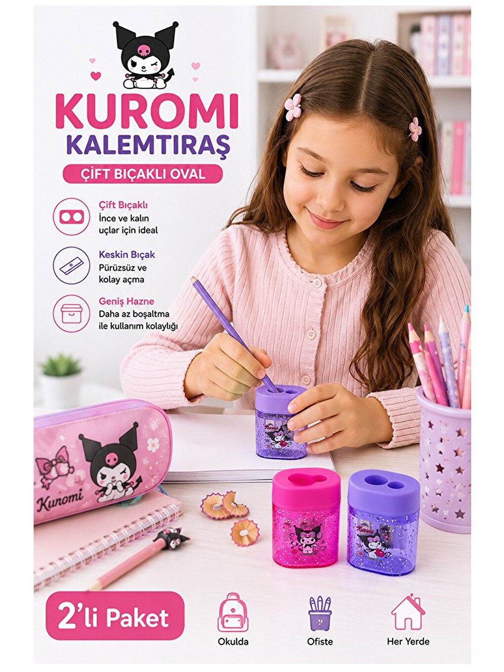 Kuromi Oval Kalemtraş 2 Li 590161 Kuromi Figürlü Hazneli Çift Bıçaklı Kalem Açacağı Sevimli Plastik-1